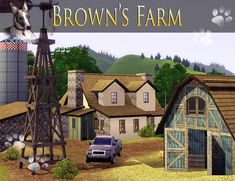 an image of a farm scene with a car parked in front of the barn and water tower