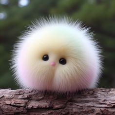 a small white fuzzy animal sitting on top of a tree branch with trees in the background