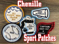 patch badges with the words, sports patches and their names