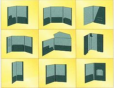 several different images of an open book on yellow paper with black and white lines in the middle