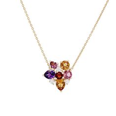 Full of color, this pendant features citrine, pink tourmaline, and amethyst all totaling 1.70 carats and round brilliant cut diamonds totaling 0.12 carats. Gem Cluster, Cluster Jewelry, Orange Citrine, Diamonds Direct, Tanzanite Necklace, Necklace Diamond, Tourmaline Necklace, Cluster Necklace, Cluster Pendant