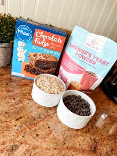 three bowls filled with cereal, chocolate fudge and brownies next to each other