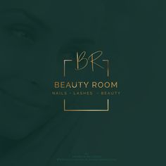 the logo for beauty room nails, lashes and beauty is shown in gold on a dark green background