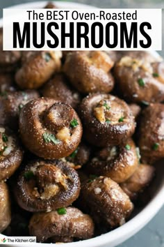 Juicy mushrooms in white bowl. Title: The best oven-roasted mushrooms. Bake Mushrooms Oven, How To Cook White Mushrooms, Best Way To Cook Mushrooms, Healthy Mushroom Recipes Clean Eating, Cooked Mushroom Recipes, Mushroom Recipes Oven, Mushroom Recipes Baked, How To Make Mushrooms, Whole Mushroom Recipes