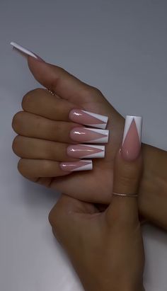 V French Acrylic Nails, Nail Ideas Colorful French Tip, Pink N White French Nails, One Color French Tip Nails, Short French Tip Nails Coffin, V Tip Nail Designs, Long Square French Tip Acrylic Nails, White Pink French Tip Nails, Long Square Gel X Nails