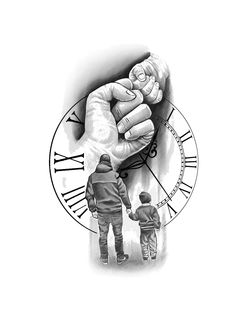 a drawing of a father holding the hand of his son in front of a clock