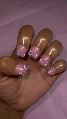 Frenchtips Nails Acrylic With Rhinestones, Short Bedazzled Acrylic Nails, Short Crystal Nails, Short Bling Nails Rhinestones Crystals, All Rhinestone Nails, Short Gemstone Nails, Nail Designs Pink Short, Crystal French Tip Nails, Cute French Tip Nail Ideas