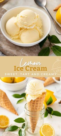 lemon ice cream in a bowl with two scoops on the side and an orange slice next to it