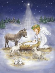 an angel sitting on top of a manger surrounded by animals