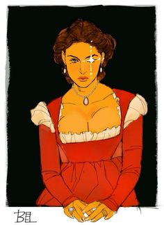 a drawing of a woman in red and white dress with her hands on her chest