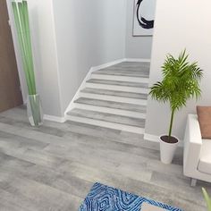 a living room filled with furniture and a potted plant on top of a wooden floor