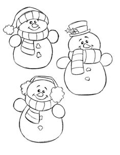 three snowmen with hats, scarfs and scarves on their heads coloring page