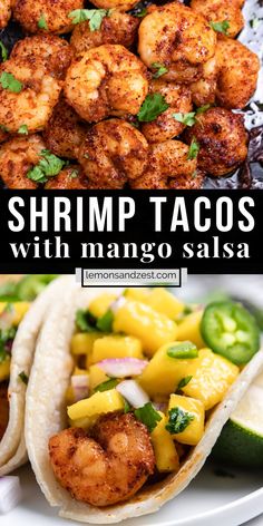 shrimp tacos with mango salsa on the side