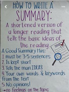 a white sign with writing on it that says how to write a summary