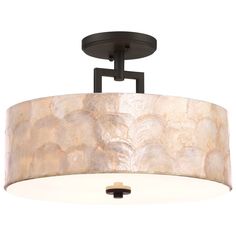 a semi - flush ceiling light fixture with an oval shade on the drum, and a black metal frame