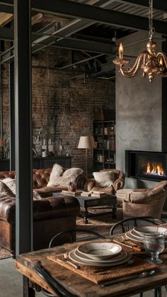 a living room filled with furniture and a fire place in the middle of an open floor plan