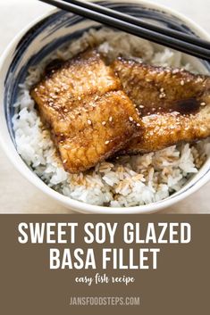 sweet soy glazed basa fillet in a bowl with rice and chopsticks