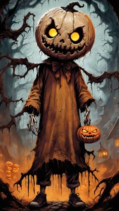 a painting of a creepy pumpkin man holding a jack - o'- lantern in his hand