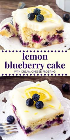 two slices of lemon blueberry cake with cream cheese frosting and fresh blueberries