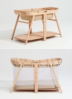 two different views of a baby crib, one is empty and the other has a basket on it