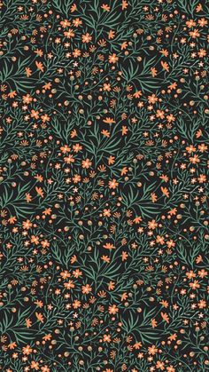 an orange and green floral pattern on black background