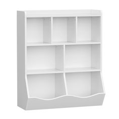 a white book shelf with six compartments