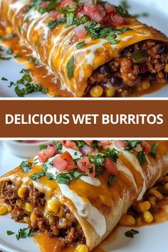 two pictures of burritos with meat, cheese and vegetables in them on a white plate