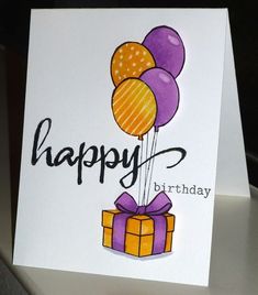 a happy birthday card with balloons and a present