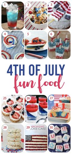 the fourth of july fun food collage is shown in red, white and blue