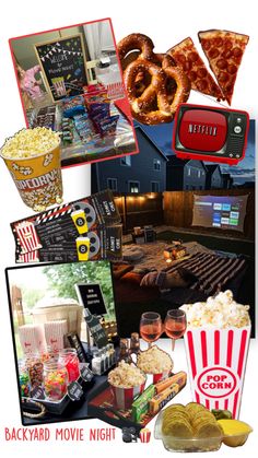 a collage of movie related items including pizza, popcorn, and sodas is shown