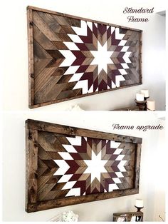 two pictures of a wooden wall hanging with white and brown stars on the bottom one