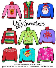 Ugly Sweater Drawing, Ugly Christmas Sweater Drawing, Ugly Christmas Sweater Party Ideas, Sweater Clipart, Clothing Study, Purple String Lights, Online Party Invitations, Sweater Ideas, Charity Project