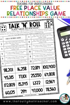 a table with a calculator, pen and paper on it that says free place value