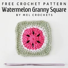 a crocheted square with a pink watermelon on it and the text free crochet pattern