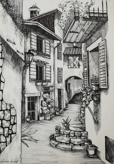 a drawing of an alleyway with flowers and potted plants on the steps leading up to it