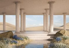 an artist's rendering of a building with columns and flowers in the foreground