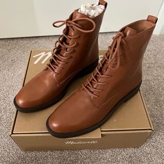 Madewell Evelyn Tie Up Ankle Boots In A Size 9.5 M. Dried Maple Color- A Beautiful Warm Brown. Genuine Leather. Brand New With Box, Originally $158. Flat Heel Lace-up Boots For Workwear, Fall Workwear Almond Toe Lace-up Boots, Brown Ankle Combat Boots For Work, Flat Heel Lace-up Boots For Fall Workwear, Lace-up Flat Heel Boots For Fall Workwear, Fall Workwear Lace-up Boots With Flat Heel, Brown Ankle-high Lace-up Work Boots, Brown Ankle-high Lace-up Boots For Work, Ankle-high Lace-up Boots With Leather Footbed For Work