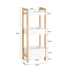 an image of a wooden shelf with white baskets on it and measurements for each shelf