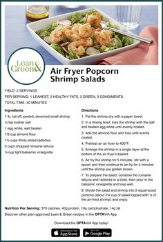 the flyer for air fryer bacon shrimp salads