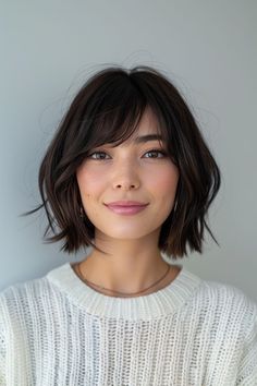 a close up of a person wearing a sweater and smiling at the camera with a white wall in the background