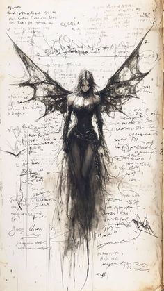 a drawing of a woman with wings and writing on it