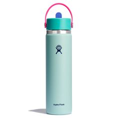 a hydro flask water bottle with a pink handle