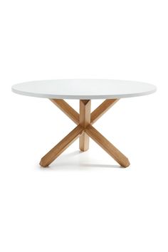 a white table with two wooden legs and a round glass top, on a white background