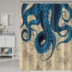 an octopus themed shower curtain with blue tentacles on it's side, in a bathroom