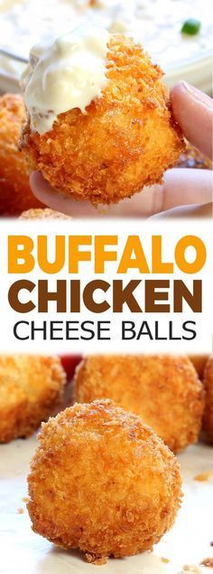 buffalo chicken cheese balls are being held up in front of the camera and then topped with ranch