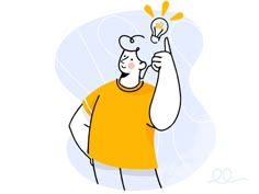 a man with an idea light bulb above his head, pointing to the right side