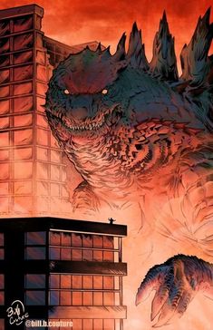 an illustration of godzilla in front of a building