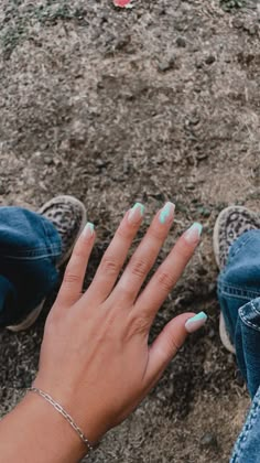 Nails 2023 Trends Country, Short Teal French Tip Acrylic Nails, Square Country Nails, Teal And White Nail Designs, Koe Wetzel Concert Nails, Western Nail Ideas Turquoise, Subtle Western Nails, Cute Western Nails Short, Country French Tip Nails