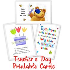 four teacher's day printable cards with teddy bear