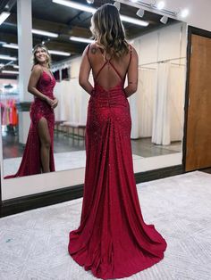 Ballkleid Meerjungfrau V-Ausschnitt Glitzer Jersey Lang mit Schlitz Trumpet Prom Dress, Prom Dresses Sparkly, Red Mermaid, Sparkly Prom Dresses, V Neck Prom Dresses, Wedding Flower Girl Dresses, Cute Prom Dresses, Red Prom, Mermaid Evening Dresses